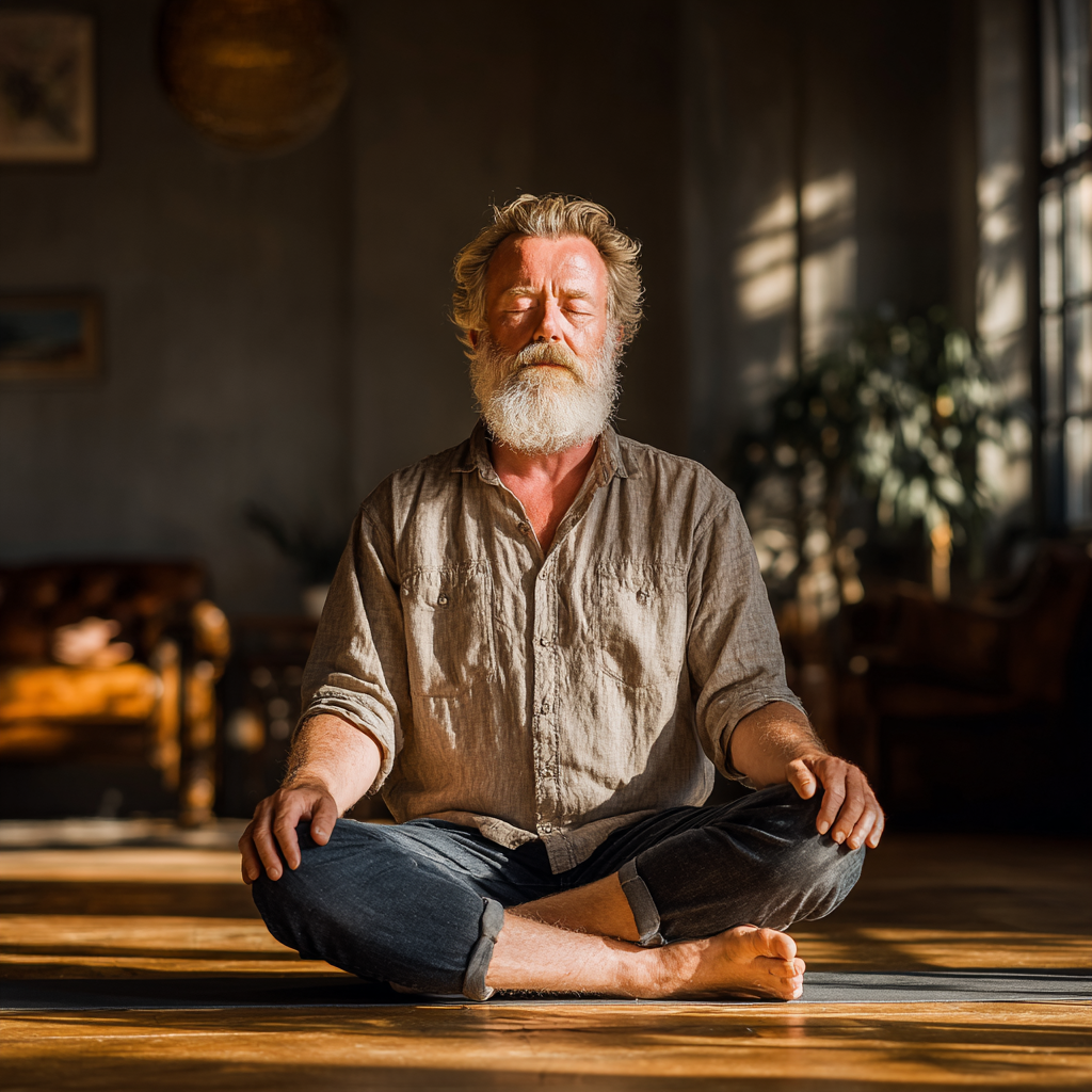 Чоловік 58 років медитує в лотосовій позі в затишній йога-студії з природним освітленням